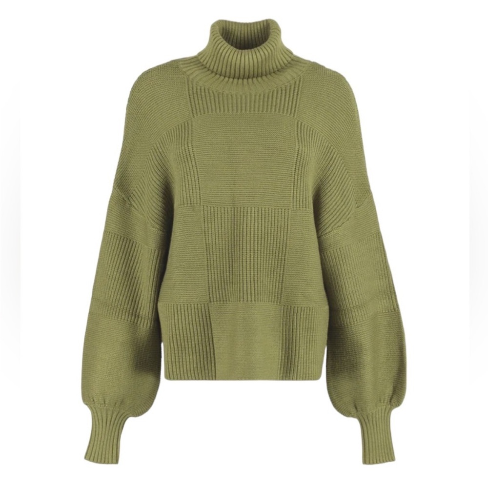 Staud Green Ribbed Balloon Sleeve Turtleneck Benny Sweater NWT Size Large
